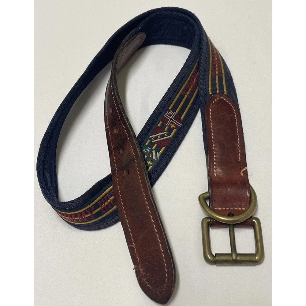 Vintage 1990's Leather Tommy Hilfiger Belt Flags Multi Colored Navy Mens Size 34
